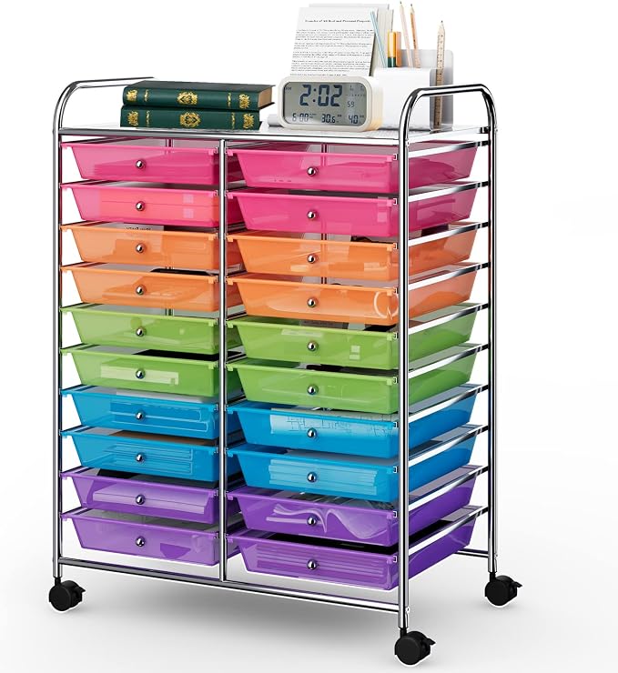 COSTWAY 20-Drawer Rolling Storage Cart, Utility Storage Organizer Cart | For Tools, Scrapbook, Paper, Craft, Multipurpose Storage Trolley on Wheels for Home Office School (Rainbow)