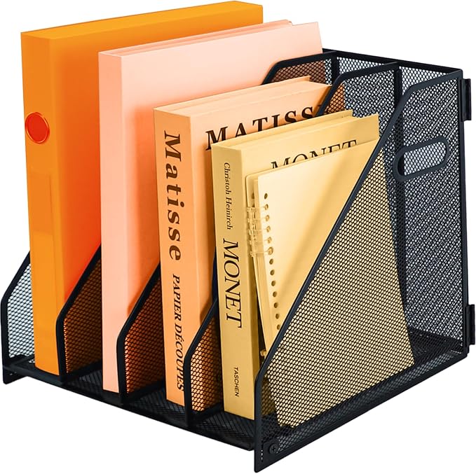Desk file organizer metal desk magazine folder holder with 4 Vertical Compartments File Organizer for Office Home School, Black