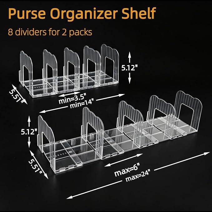 2 Pack Purse Organizer for Closet Clear Acrylic Shelf Dividers for Large Small Bag Pocket Book Clutch, Expandable Handbag Organizer for Display & Storage, 8-Slot Purse Holder Max Length 24''