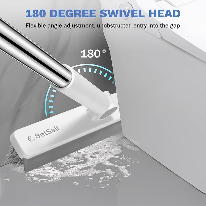 SetSail Grout Cleaner Brush with Long Handle, V-Shaped Floor Scrub Brush Swivel Grout Brush Stiff Bristle Floor Grout Scrubber for Bathroom, Tile Line, Crevice, Kitchen, Wall, Deck, Garage, White Grey