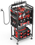 JUNNUJ Garage Large Power Tool Organizer Cart with 8 Outlet 3 USB Charging Station, Floor Rolling Drill and Tools Battery Storage Cart on Wheels, Heavy Duty Utility Rack Shelf with Power Strip, Black