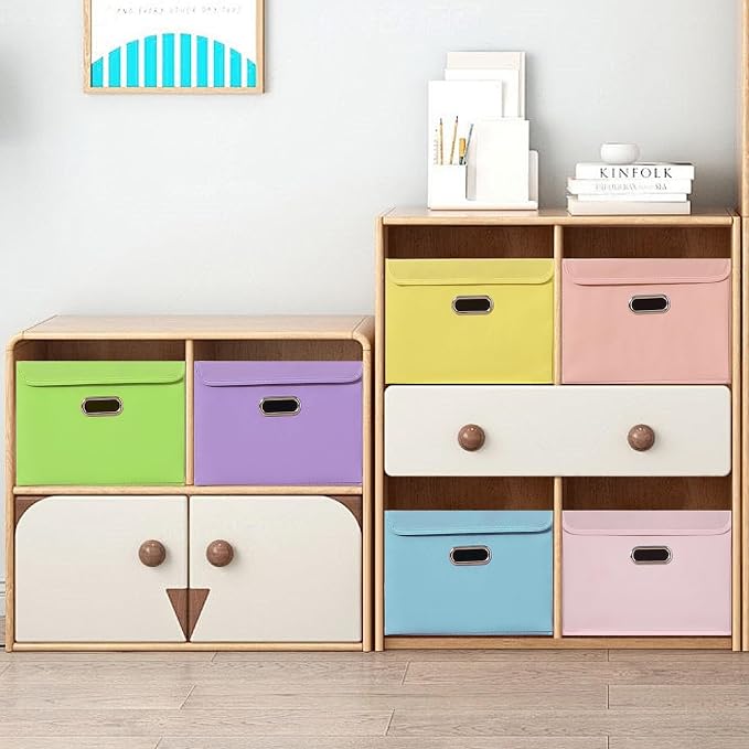 STOREONE Fabric Storage Cube Bins Foldable Organizer Container Collapsible Basket with Lids and Metal Handles, for Home, Bedroom, Closet 3 Pcs (multicolour-light pink)