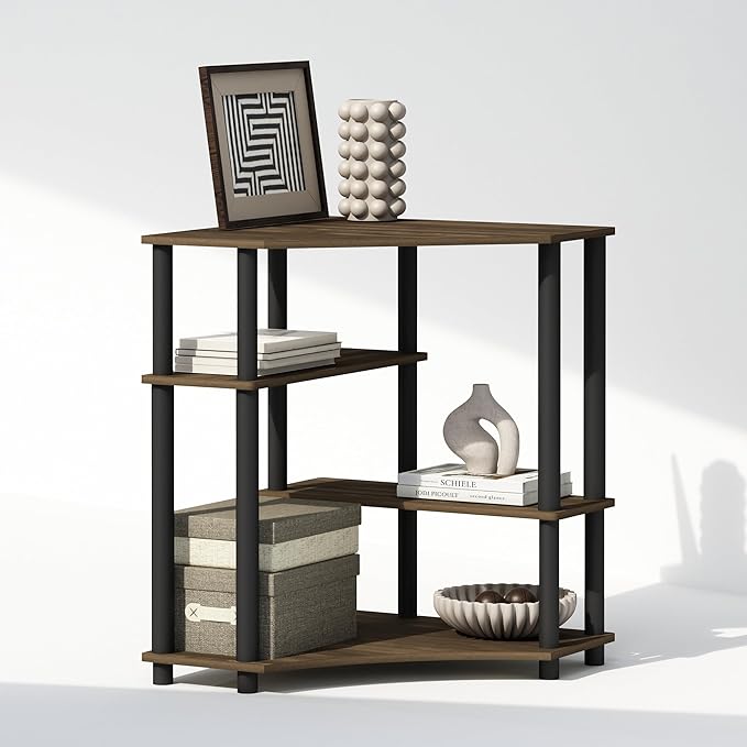 Furinno Turn-N-Tube Storage Shelves, 4-Tier Corner Shelf, Toolless Assembly Display Rack, Corner Bookshelf for Small Space, for Organization and Storage, Living Room, Home Office, Columbia Walnut