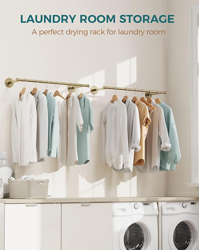 OROPY 33" Industrial Pipe Clothing Rack, Wall Mounted Clothes Rack 2 Pack | Gold, Closet Rods for Hanging Clothes, Multi-purpose Hanging Rod for Laundry Room, Bedroom and Closet Storage