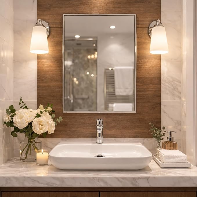 Head West Spectrum Modern Rectangular Mirror 24" x 30", Brushed Nickel Finished Stainless Steel Framed Bathroom Mirrors for Over Sink and Living Room and Entry Way