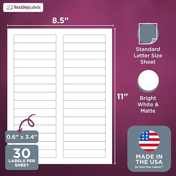 NextDayLabels - Laser/Ink Jet White Labels (2/3" x 3-7/16" - 30 Per Page | 750 Labels)