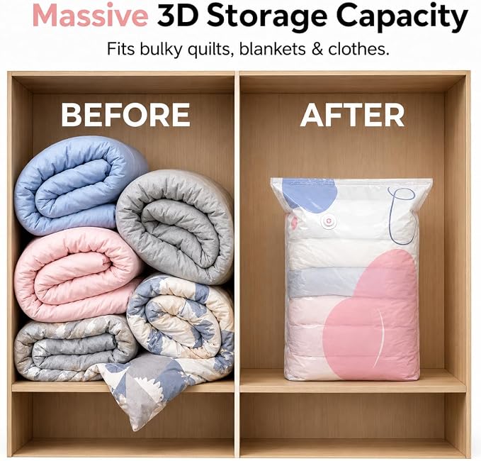 3 Pcs No-Pump Vacuum Storage Bags, Large Cube Compression Space Saver Bags | 3D upright PET+PE compression bags for clothes, comforters and blankets; reinforced base, double-zip seal, reusable design