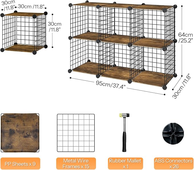 HOOBRO Wire Cube Storage Organizer, 6-Cube Metal Storage Shelves, Modular Closet Organizer, DIY Closet Cabinet for Home, Living Room, Office, Rustic Brown and Black BF06CW01