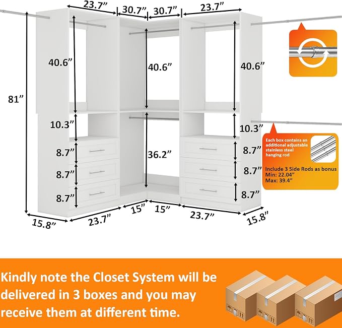 Closet System with 6 Wooden Drawers, 6.5-16FT Corner Closet Organizer System for Walk in Closet, Heavy Duty Modular Closet Systems, Built-in Shelving System with 7 Hanging Rods (CL070909)