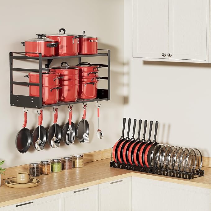 31 Inch Pot Rack Wall Mounted, 2-Tier Pots and Pans Organizer with 20 Hooks & Pan Organizer and Spice Rack, Heavy Duty Hanging Pot Hanger for Kitchen (with Multi Slots & Pot Lid Holder)