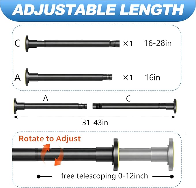 CorkLatta Black Shower Curtain Rod 32 to 43 Inch,1 Inch Diameter Adjustable Spring Tension Stainless Steel Telescoping Rod,Easy Install,No Rust