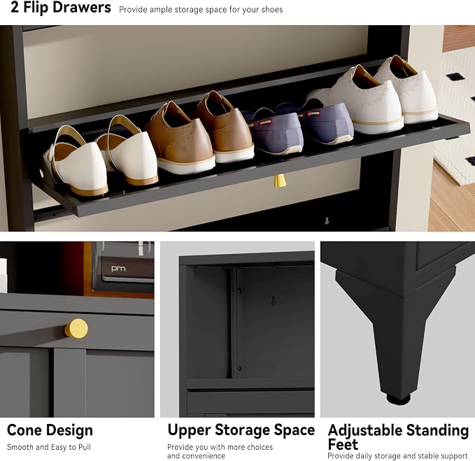 Shoe Cabinet with 2 Flip Drawers and Open Top Space-Metal Narrow Shoe Rack for Entryway,Hallway,Living Room-Hidden Metal Shoe Cabinet-Freestanding Shoe (2 Door, Black)