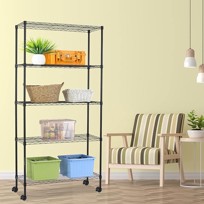 HCY 5-Tier Shelving Unit Storage Shelves with Wheels Heavy Duty Metal Rack NSF Height Adjustable for Laundry Bathroom Kitchen Garage Pantry Organization -60inx30inx14in(Black)