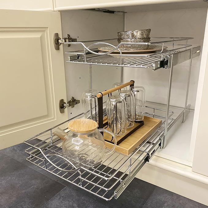 Sikarou Pull Out Cabinet Organizer 20" W x 21" D 2-Tier Individual Slide Out Drawer Pantry Shelf Storage for Kitchen Base Cabinet Organization for Kitchen, Bathroom, Pantry, Chrome
