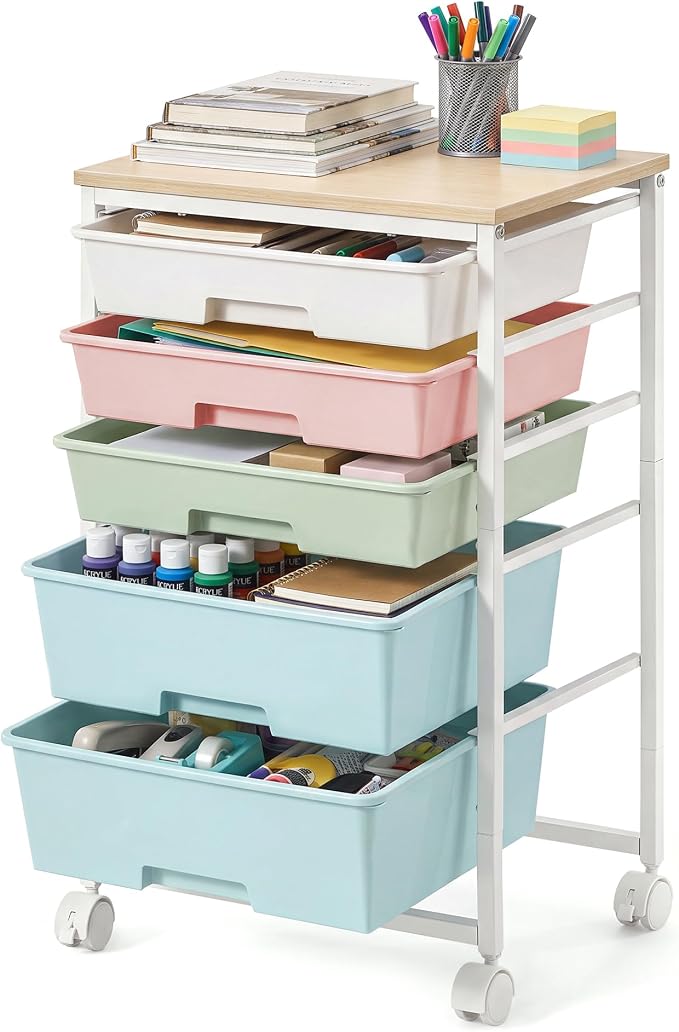 VASAGLE 5-Drawer Rolling Storage Cart, Mobile Organizer Trolley with Wood Top and Metal Frame, for Craft Room, Office, 15.6 x 11.2 x 24.8 inch, Multicolor, BENCO Collection ULRC005X101