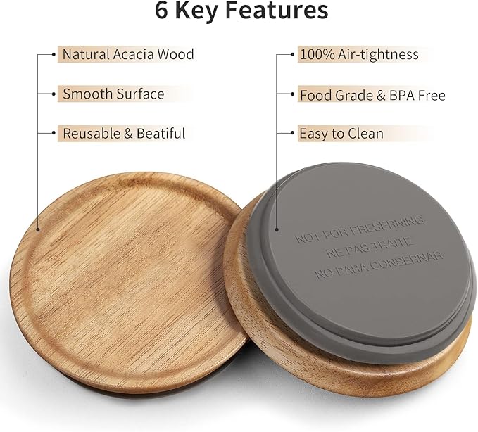 6 Regular Mouth and 6 Wide Mouth Wooden Mason Jar Lids for Ball/Mason Jars, Reusable Acacia Wood Mason Jar Lids with Airtight Silicone Seal Perfect for Dry Food Storage (6PCS-Regular + 6PCS-Wide)