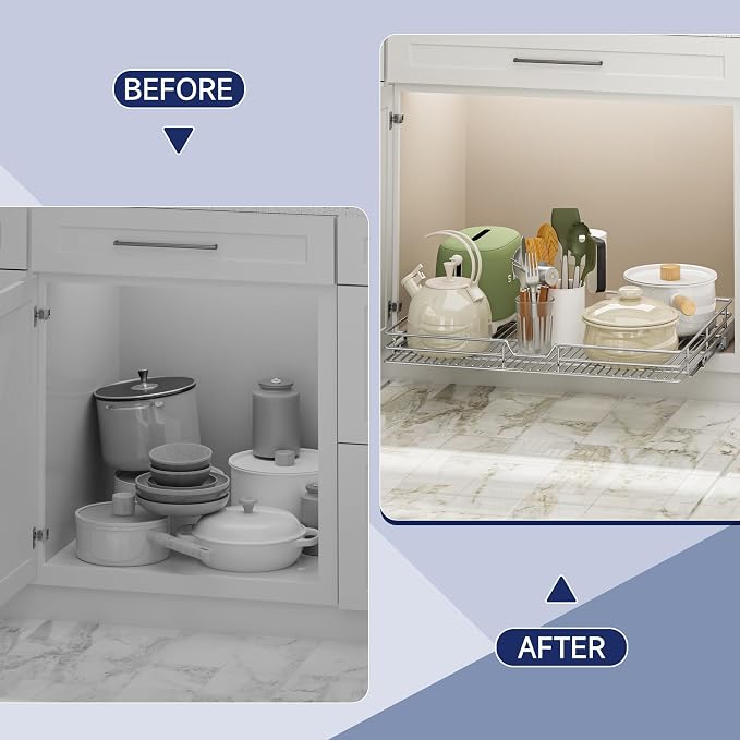 Pull Out Cabinet Organizer, 28.5" W x 21.5" D, Heavy Duty Chrome Slide Out Shelf for Wide Base Cabinets, Sliding Wire Basket Drawer for Pots, Pans, Appliances & Pantry Storage
