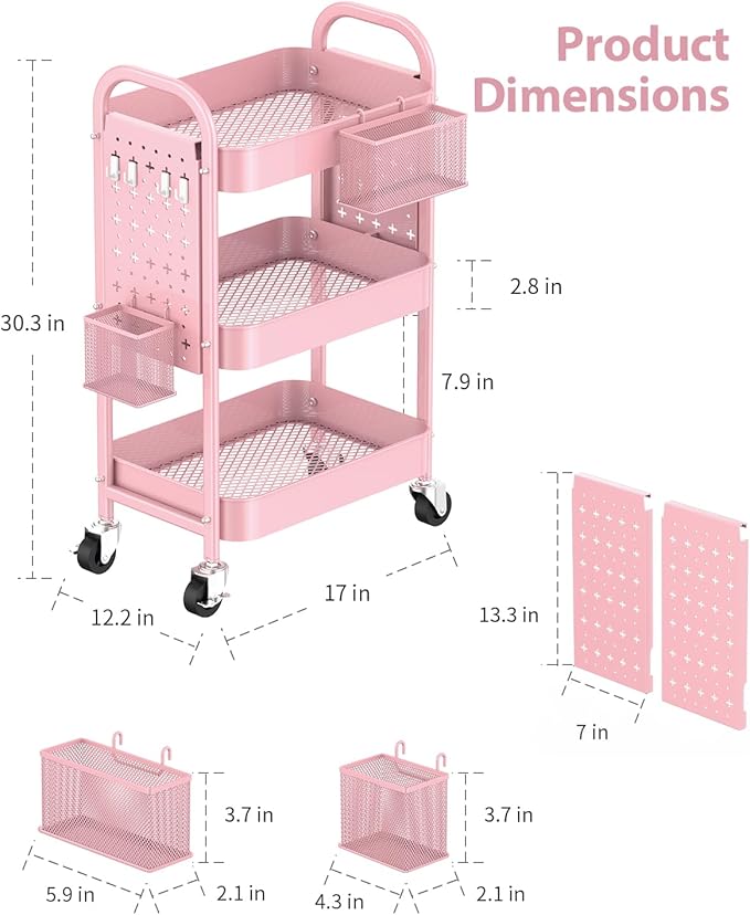 ALVOROG 3 Tier Metal Rolling Utility Cart with Pegboards,Baskets,Hooks,Pink | More Storage Craft Cart with Pegboards,Lockable Wheels,Hooks & Baskets to Organize Kitchen,Office,Bedroom and DIY Supplies