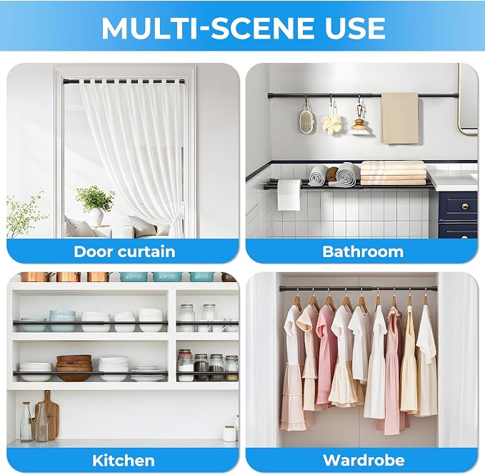 2 Pack Spring Loaded Tension Rod 27-38" Adjustable Curtain Rods No Drill Extendable Spring Rod Tension Curtain Rods For Window Kitchen Shelves Rv Refrigerator And Small Spaces,Black