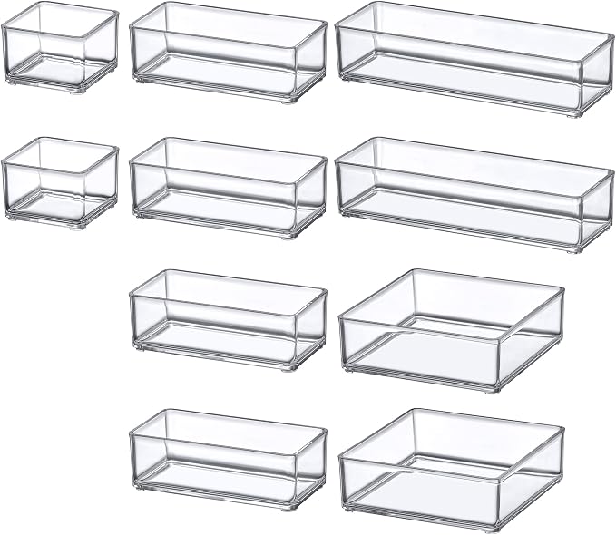 Amazing Abby - QuickSort - Plastic Stackable Organizers (10-Piece Set) for Vanity and Desk Drawer, Perfect Storage Solution for Beauty Products, Office Supplies, Decorative Items, and More