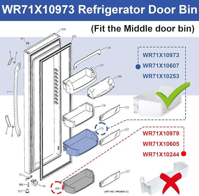 UPGRADED WR71X10973 Refrigerator Door Bin Shelf Replacement Compatible with General Electric (GE) HotPoint Fridge Middle Shelf Parts (NO FRONT)Replace WR71X10253,WR71X10607,2313915,AP5628753,PS3513394