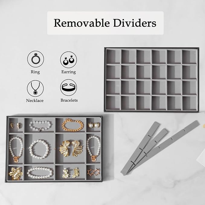 Large Jewelry Organizer Tray 2 Pack, Stackable Jewelry Storage Holder for Drawer Inserts, PU Leather Velvet Jewellery Display Case for Earring Bracelet Necklace Ring (Black Gray, 48 Grids)