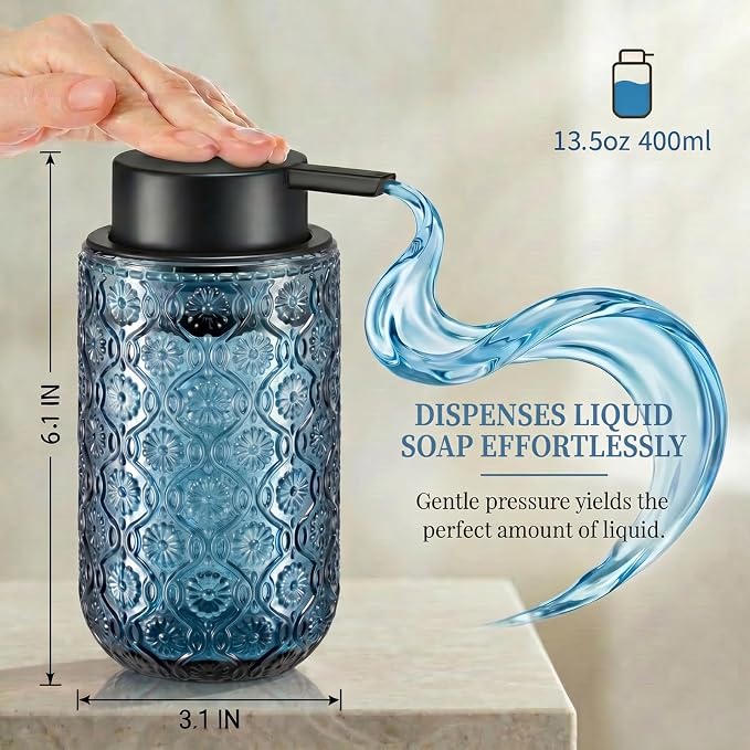 Blue Glass Liquid Hand Soap Dispenser with Matte Black Pump Thick Embossed Bottle Refillable for Bathroom and Kitchen Decor 13.5 oz