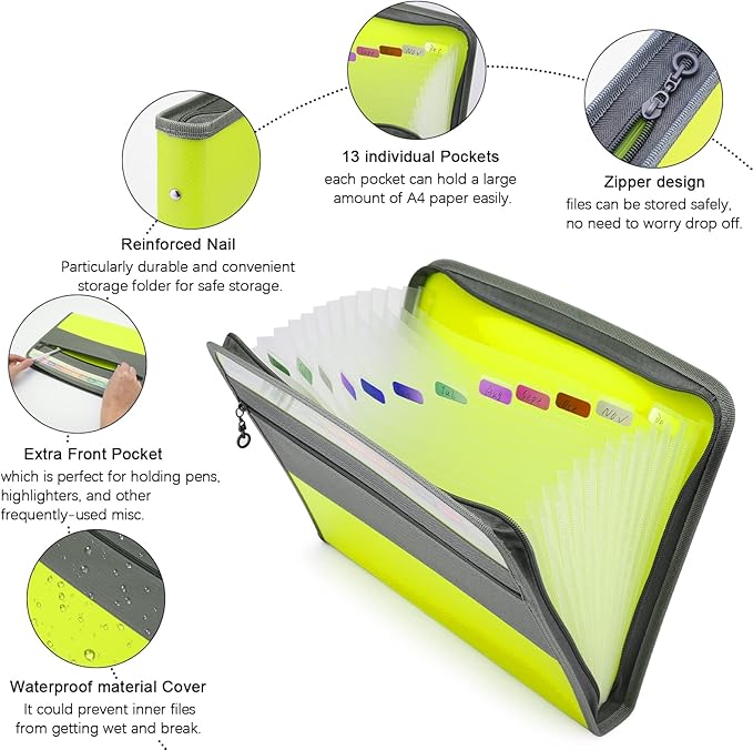 NAFY Expanding File Folders, 2Pack 13 Pockets Document Organizer with Zipper, A4 Letter Size Portable Accordion Expanding File Folders with Multicolor Labels for Office School Supplies (Black+Green)