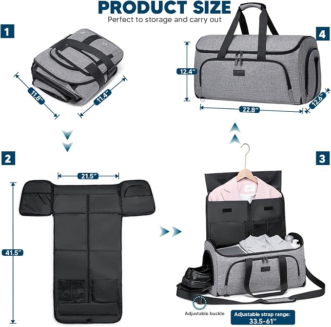 Vessgra Garment Bags for Travel,Convertible Garment Bag with Shoulder Strap, 4 in 1 Suit Bag Travel with Shoes Foldable 58L Garment Bags for Men Women Garment Duffel Bags for Hanging Clothes,Grey