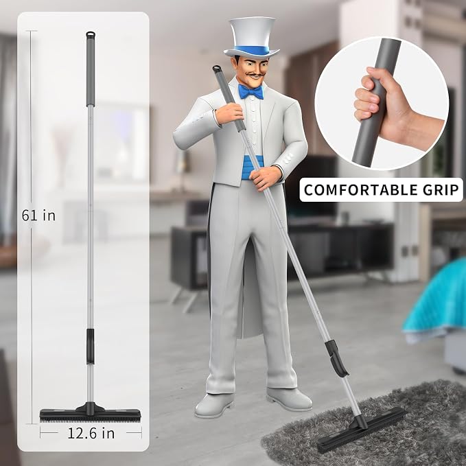 MR.SIGA Pet Hair Removal Rubber Broom with Built in Squeegee | 3 in 1 floor brush for carpet, 61 inch adjustable handle, includes 1 microfiber cloth for floor dusting