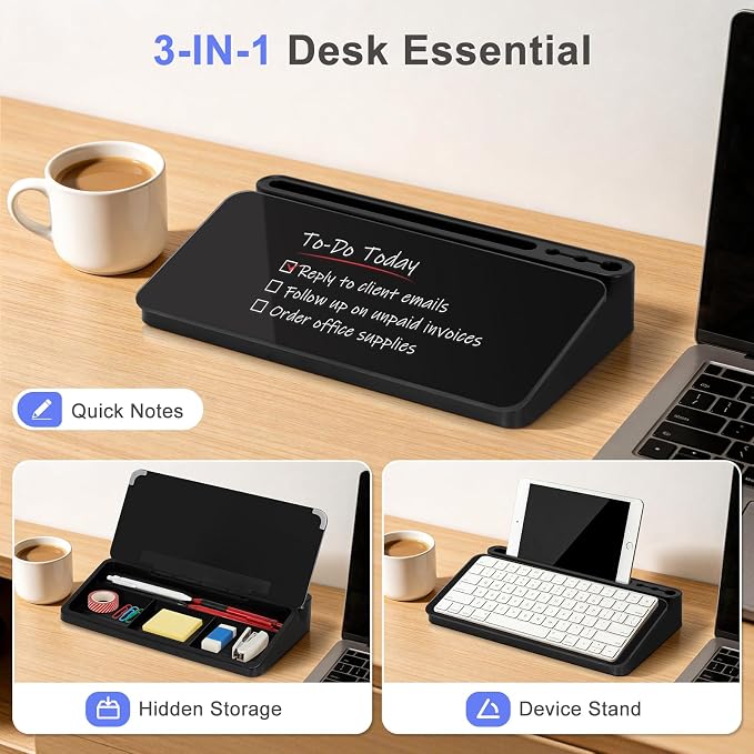 Small Desktop Glass Whiteboard with Storage, Desk White Board Stand Black | Computer Keyboard Stand, Office Desk Organizers and Accessories with Drawer, To Do Memo Notepad, Home School Supplies