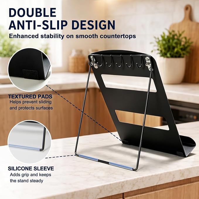 Cookbook Stand for Kitchen Counter,Metal Recipe Book Holder with Hooks,Foldable Reading Rack for Textbooks,Tablets and Magazines,Space Saving Carbon Steel Stand with Non Slip Pads,Black