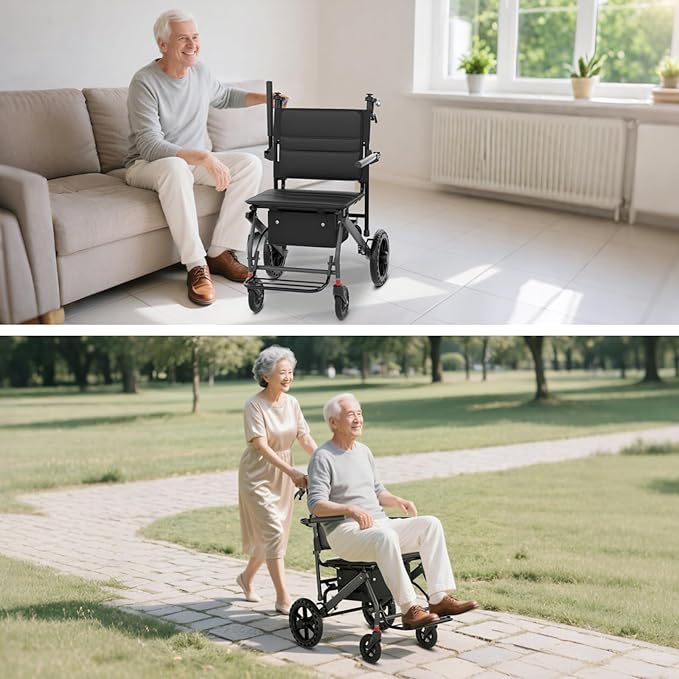 Nihhcune Foldable Wheelchair for Seniors, Ultra Lightweight Rolling Transport Chair with One-Hand Fold No Installation Portable Travel Wheelchair with Handbrake Seat Belt Storage Bag, 300lb Capacity