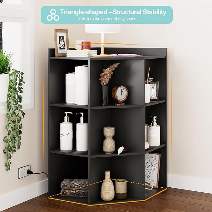 HedoAjim Corner Cabinet, Corner Storage Shelf with USB Ports and Outlets Industrial Organizer for Small Space Wooden 9-Cubby Bookshelf for Study, Playroom, Living Room (Black)
