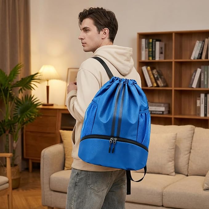 Blue Sports Drawstring Backpack with Shoes Compartment, String Gym Bag with Wet Proof Pocket for Basketball, Soccer, Swim, Sport Bag for Men and Women