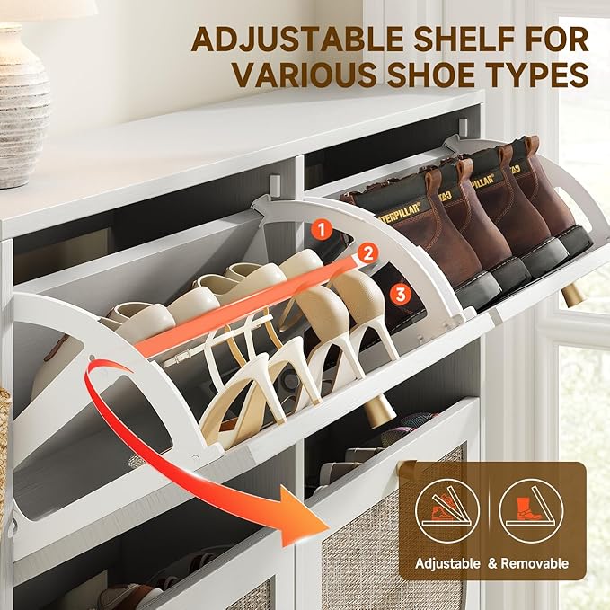 Nicetree Rattan Shoe Cabinet for Entryway, 9.5" Ultra-Thin Narrow Shoe Rack with 4 Flip Drawers, Boho Slim Shoe Storage Organizer with Adjustable Shelves, Anti-Tip Safety, Fits Size 13 Men's Boots