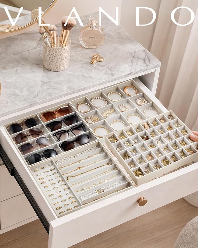 VLANDO Sunglasses Organizer,Stackable Jewelry Tray for Glasses,Beige | Removable Dividers, Soft Velvet Lining, Drawer Organizer for Glasses, Watches, Vanity Display, Gift for Women Girl