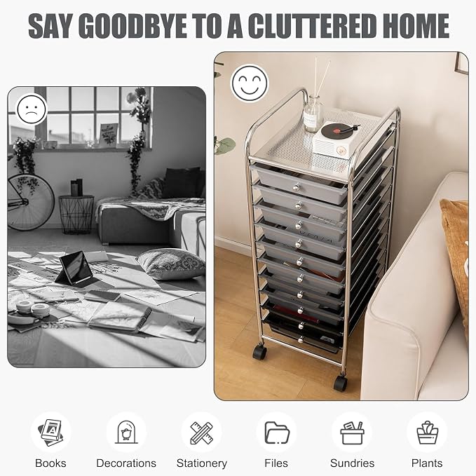 LDAILY 10-Drawer Rolling Storage Cart, Rolling Storage Cart, Storage Organizer on Wheels, Metal Frame, Scrapbook Paper Tools, Suitable for Office School, Classroom (Gradient Grey, 10 Drawer)