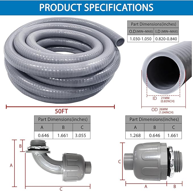 3/4" Dia Liquid Tight Conduit 50 FT,Flexible Non-Metallic PVC Conduit 3/4 Waterproof Electrical Conduit,PVC Electrical Flexible Conduit With 5 Straight And 3 Angle Fittings