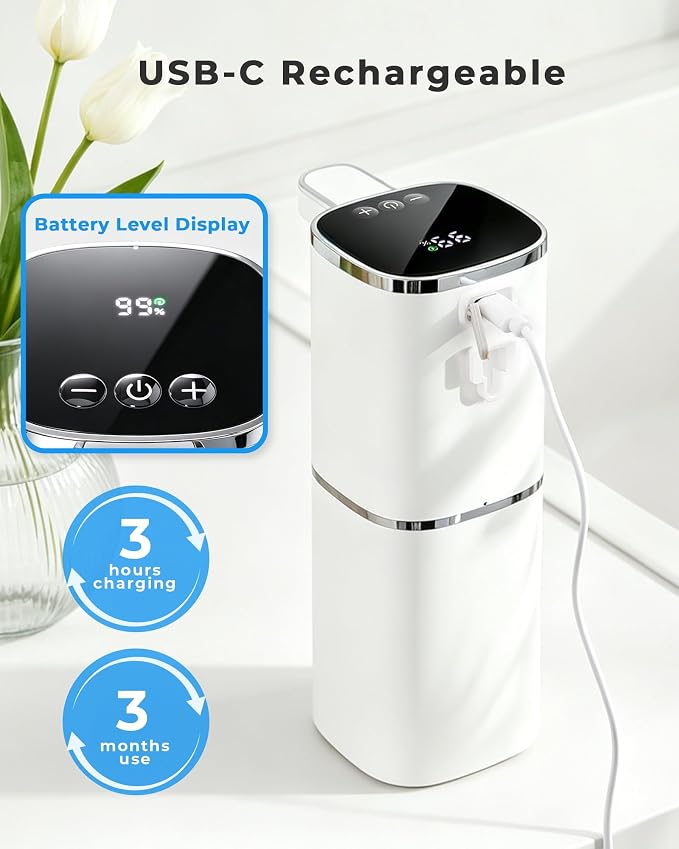 Automatic Soap Dispenser Touchless,USB Rechargeable, 9-Level Adjustable | 13.5oz/400mL, IPX5 Waterproof, Wall/Tabletop, Compatible with Thick Thin Dish Soap for Kitchen Bathroom, White