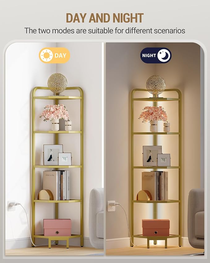 Hzuaneri Corner Shelf with LED Lighting, 6-Tier Glass Bookshelf | Steel Frame, Tempered Glass, Modern Style Corner Shelf, Suitable for Living Rooms, Bedrooms and Games Rooms