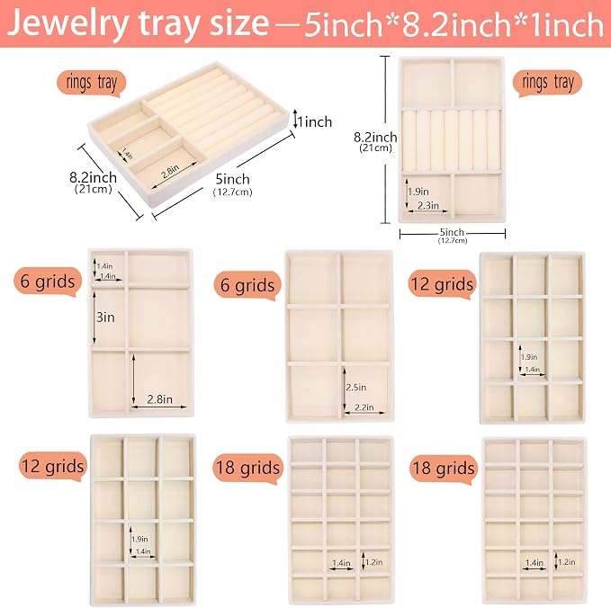 8Pack Jewelry Drawer Organizer Tray Velvet Jewellry Tray Stackable Jewel Storage Case for Earring Necklace Rings Bracelet Watch