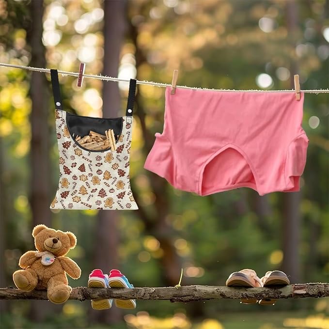 Gingerbread Man Clothespin Bag with Hanging Hook Christmas Clothes Pin Holder Waterproof Clothespin Storage Organizer with Large Opening Clothespin Bag for Clothesline Outdoor