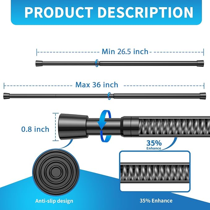 AIZESI 4 Pack Tension Rods for Windows 26.5 to 36 inch, Adjustable Expandable Pressure Spring Curtain Rods No Drilling, Curtain Rods for Kitchen Curtains, Closet, Door, Black