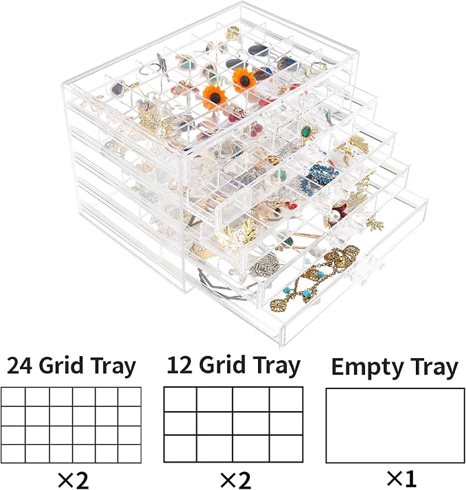 Ptaedex Jewelry Organizers and Storage, Acrylic Jewelry Box with 5 Drawers | Clear Jewelry Storage Box, Large Capacity Jewelry Holder for Rings, Earrings, Necklaces, Beads, Brooches, Hair Accessories