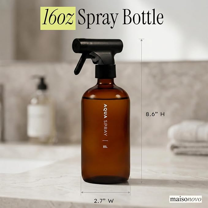MAISONOVO Glass Spray Bottles 16.9 Oz Pack of 2 - Durable Amber Spray Bottles with Fortified Glass & Fine Mist Pumps - Ideal for Salons, Barbers, Stylists, Pet Groomers & Daily Hair Care - 16 Labels