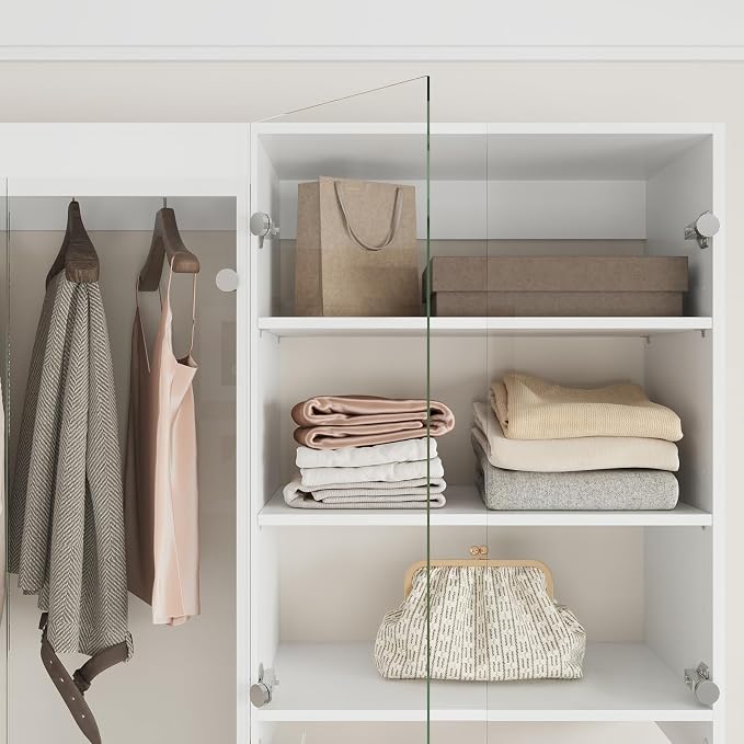 ROOMTEC 25.5" Shlef Tower Wardrobe Closet with Clear Glass Doors, Wall Mounted Modular Closet System, Clothes Storage Unit for Bedroom or Walk-in Closet, White