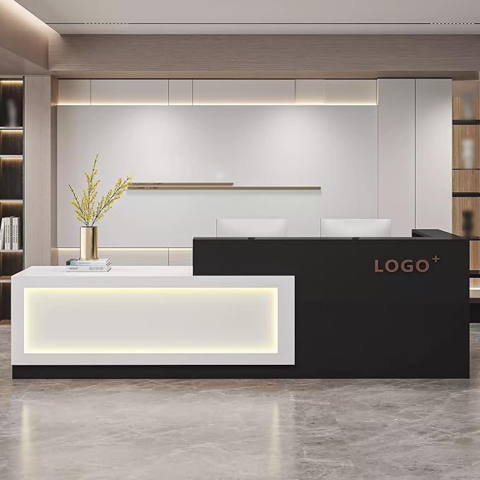 Modern Reception Desk with Counter, Front Desk Reception Counter with Lockable Drawer, Keyboard Tray & Storage Cabinet, Solid Wood Receptionist Table for Salon Office Lobby (A - Left, L 2.8m/110in)