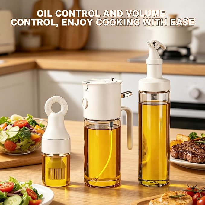 3-Piece Oil Dispenser Set, 580ml 3-in-1 Olive Oil Sprayer and Pourer, Includes Oil Bottle with Silicone Basting Brush and Large-Capacity Glass Dispenser for Air Fryer, BBQ and Baking
