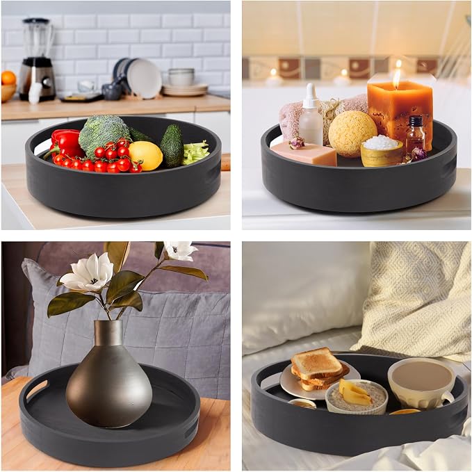 12in Black Bamboo Lazy Susan Turntable with Handle - Rotating Organizer for Table Top, Cabinet, Pantry & Kitchen | Spice & Seasoning Spinning Tray